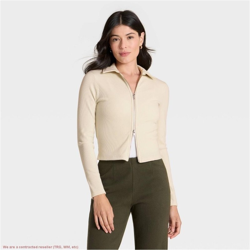 Women’s Brushed Ribbed Polo Zip-Up Jacket – A New Day Cream M *SEE DEAL!!!*