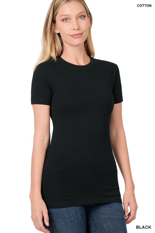 SHORT SLEEVE CREW NECK Basic Women T-Shirt Cotton Long Top Fitted Plain Stretch gallery