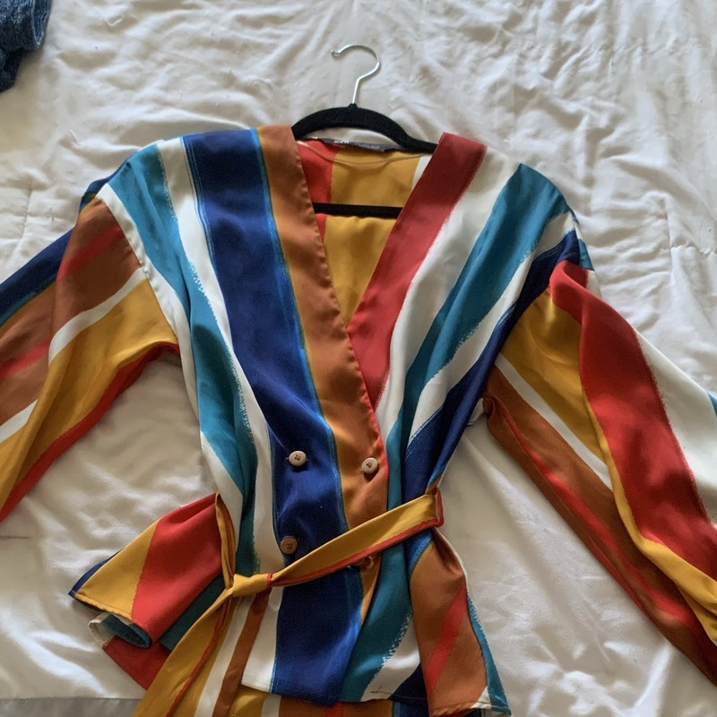 ZARA Women’s Multicolor Striped Satin V-Neck Button Front Belted Blouse L