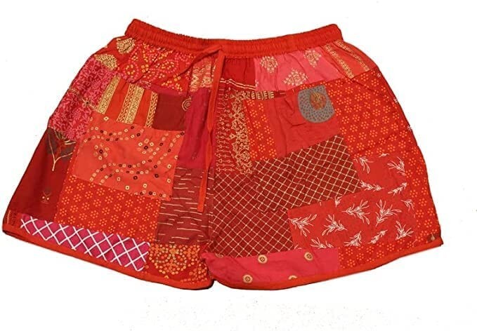 Patchwork Red Color Rayon Festival Short One Size Elasticated Waist Comfy Short