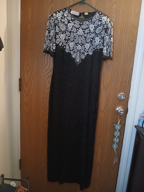 Laurence Kazar NY Black Shift Long Dress Short Sleeve Beaded Sequin L gallery
