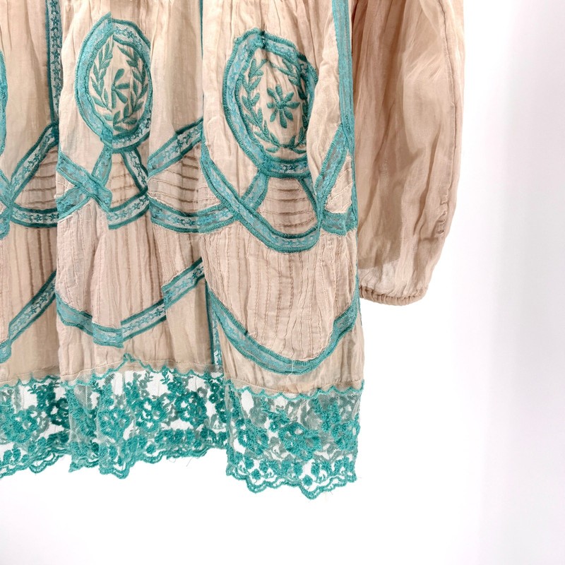 Antica Sartoria Beige Teal 100% Cotton Embroidered Lace Tunic Top gallery