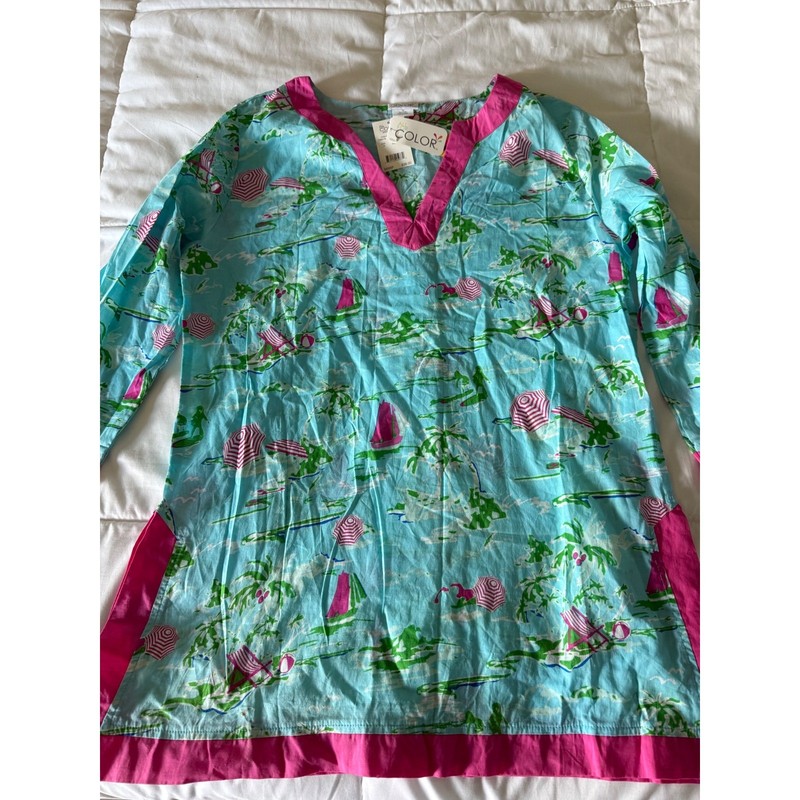 All For Color Island Time Tunic Top Women Medium Blue Pink Tropical Beach NWT