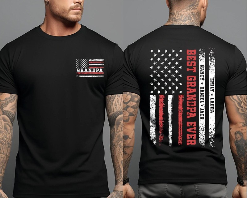 Personalized Grandpa Shirt Papa USA Flag Shirt with Kids Name Gift for Grandpa