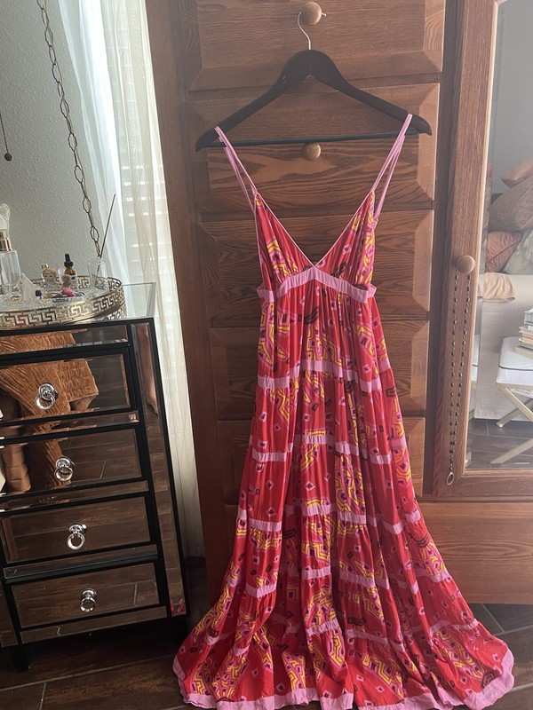 FARM Red Pink Yellow Geometric V-Neck Strappy Sleeveless Maxi Dress S