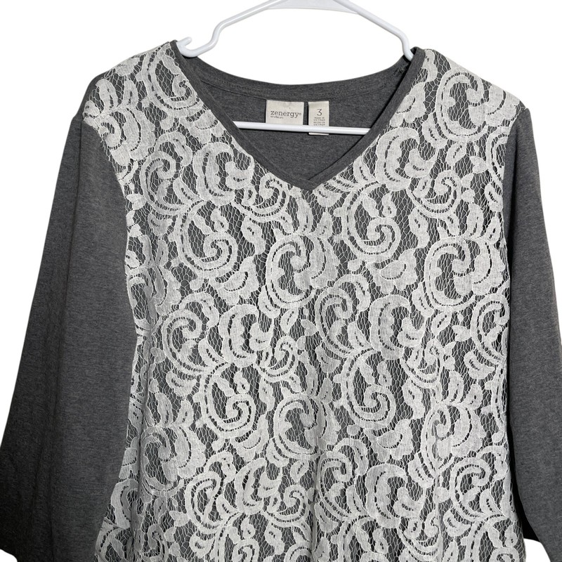 Chico's Zenergy Blouse Women's 3 Gray Lace V-Neck 3/4 Sleeve Paisley Top Causal gallery