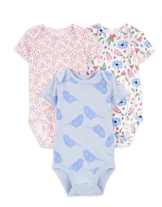 Carter’s Baby Girls 3-Pack Short Sleeve Cotton Bodysuits Floral Bird Ruffle 6-9M