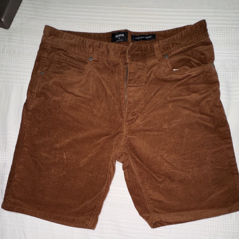 Cotton On Men’s Brown Corduroy Straight Shorts Flat Front 5-Pocket Zip Button