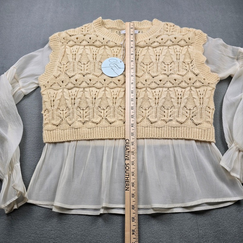 Cloud Ten Womens Mixed Media Knit Sweater Top Cream White CSW11746A Small NWT gallery