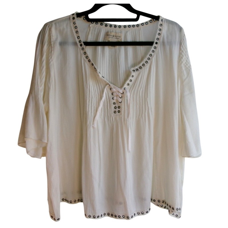 Denim & Supply Ralph Lauren Studded Peasant Top Ivory XL Boho gallery