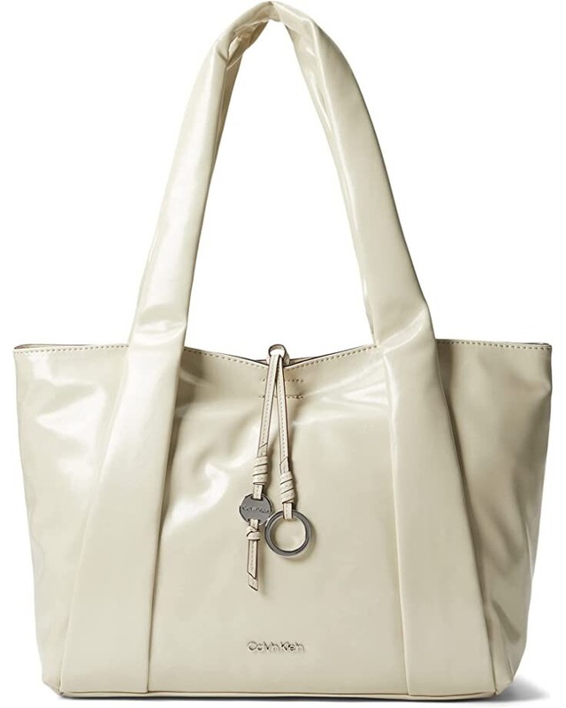 CALVIN KLEIN Hana shiny faux-leather novelty tote shoulder bag -Pelican/Ivory~