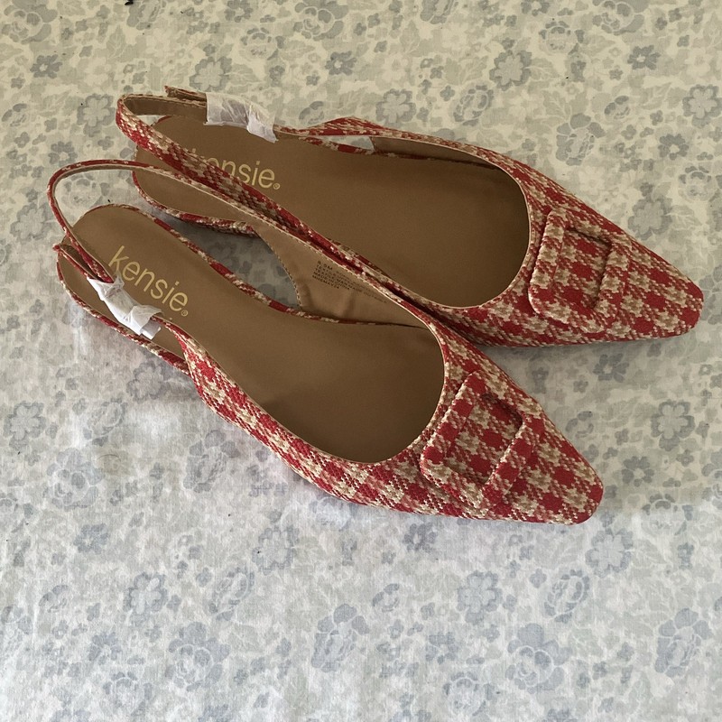 Kensie Houndstooth Red/Beige Textile Pointed Toe Slingback Heels US 8.5 M