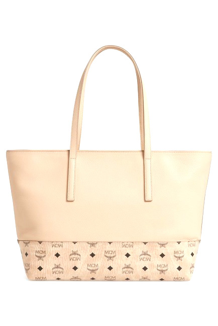 NEW W/ TAGS MCM MONOGRAM SPOT VISETOS LATTE BEIGE MEDIUM SHOPPER $950