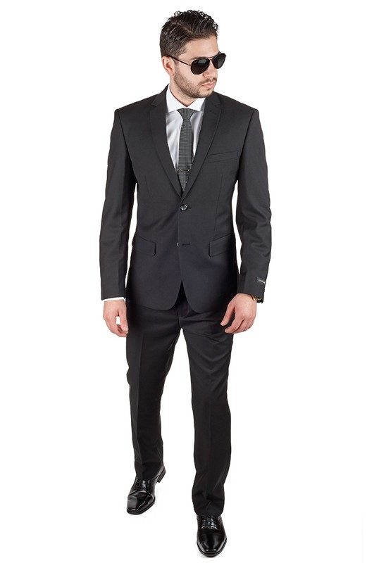 Solid Black Slim Fit Mens Suit 2 Button Notch Lapel Fitted Flat Front Pants AZAR gallery
