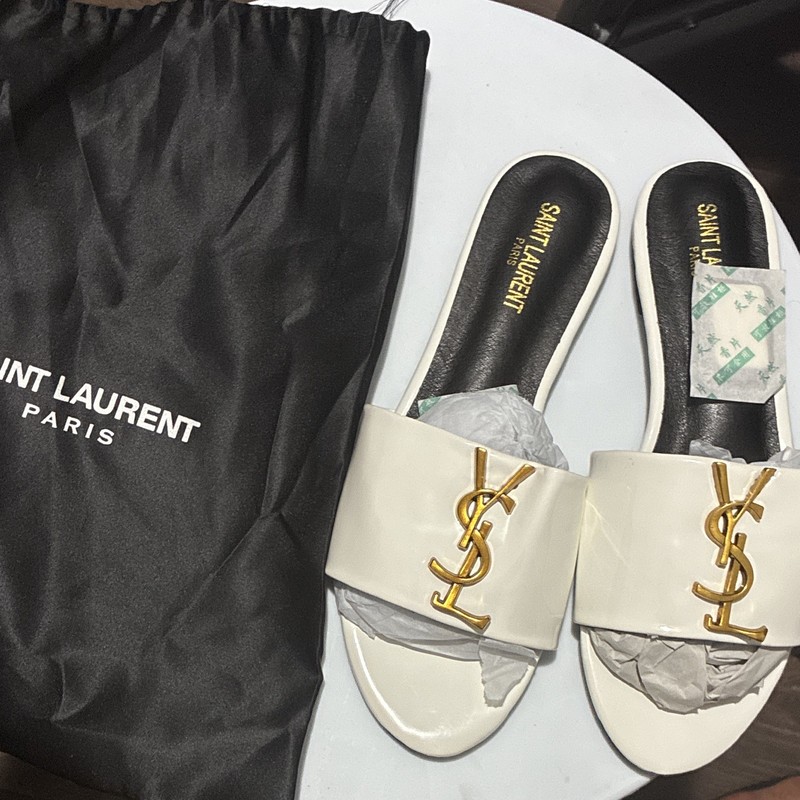 Saint Laurent White Leather Women’s Slide Sandals Slip On Straps Gold Logo 8.5