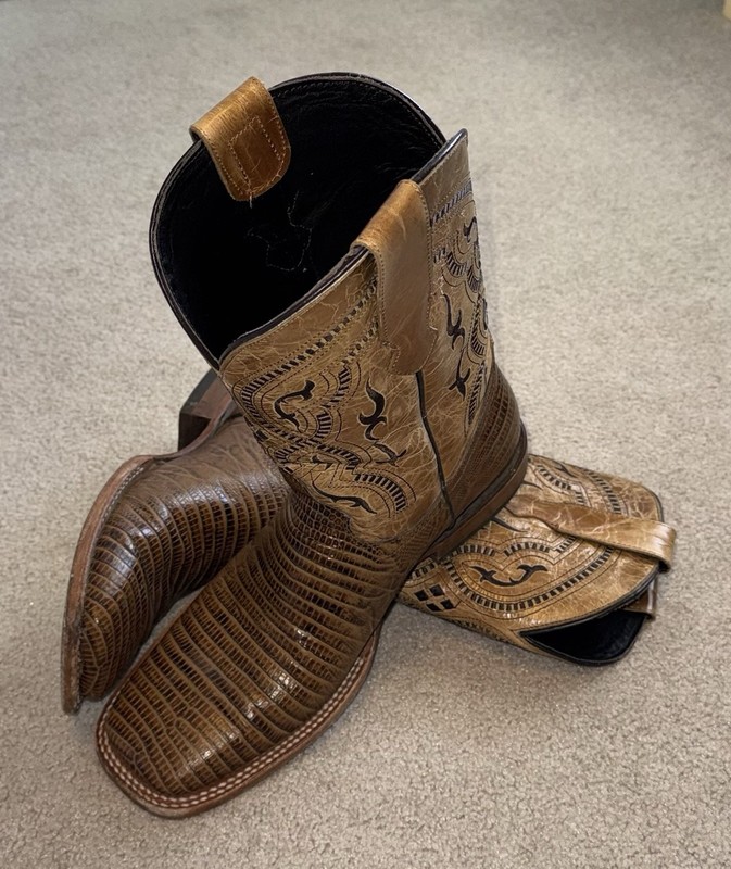 Men’s US Size 9 Genuine Leather Lizard Print Western Square Toe Cowboy Boots 28M