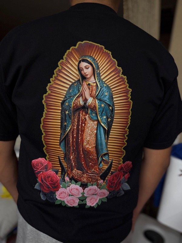 Men’s Black Cotton Virgin Mary Religious Graphic T-Shirt Crew Neck Short Sleeve