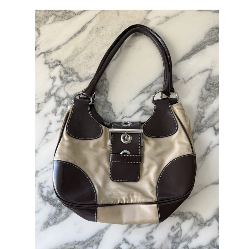 PRADA Tessuto Moon Shoulder Bag Beige Brown Buckle Grommet Accent Brand Card