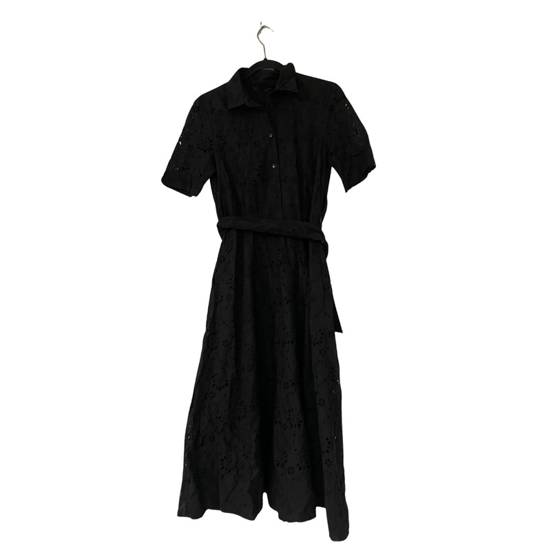 Zara Womens Shirt Dress midi Small Black Eyelet Belted Short Sleeve 8223/087 NWT