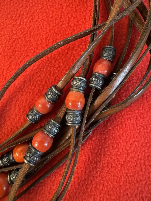 STUNNING BROWN LEATHER FRINGE BELT WITH SILVER BUCKLE and RED BEADS Italy Made gallery