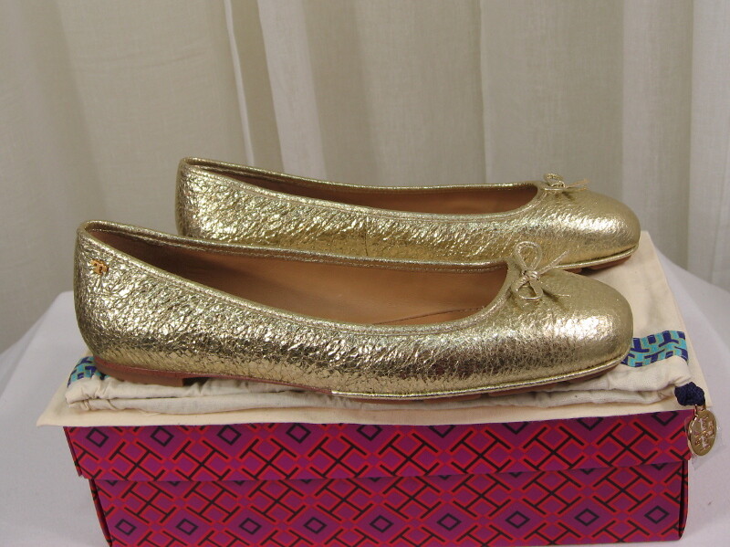 NIB TORY BURCH Laila 2 Bow Driver Ballet Flat US 8.5 Spark Gold Crinkle Leather gallery