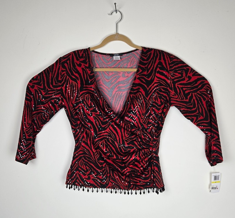 Women’s Red Black Sparkling Sequin Beaded V-Neck Top Size M