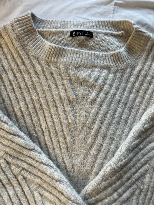 Very J Beige Ribbed Knit Crew Neck Long Sleeve Pullover Sweater Womens L