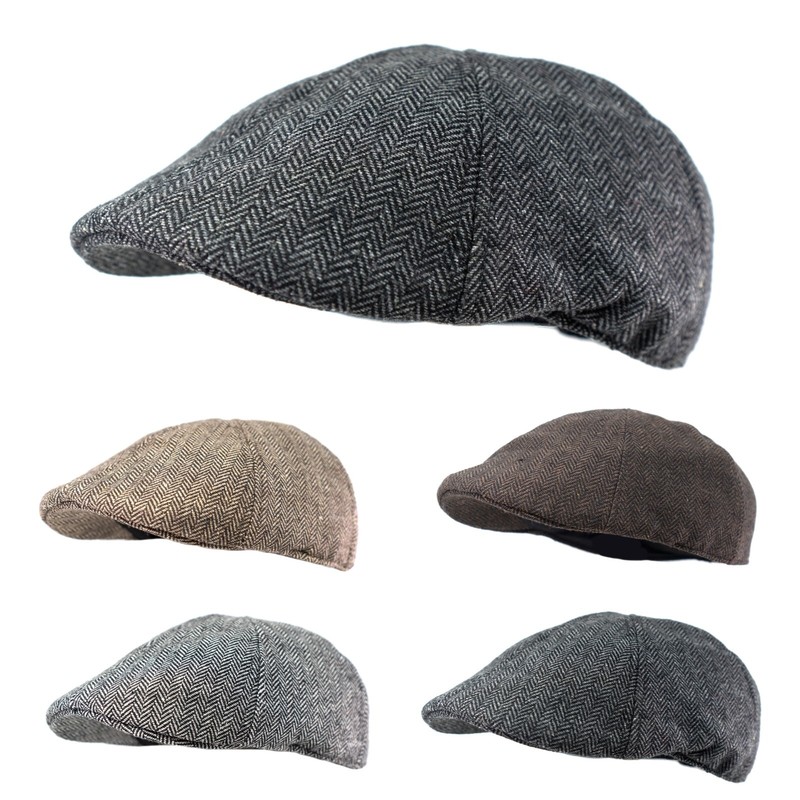 Men’s Herringbone Wool Blend Tweed Duckbill Newsboy Ivy Cabbie Driving Golf Hat