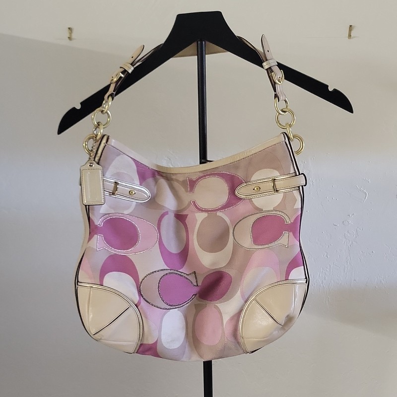 Coach Signature Logo Crescent Shoulder Bag, Pink/Beige, Zip Closure, Lined