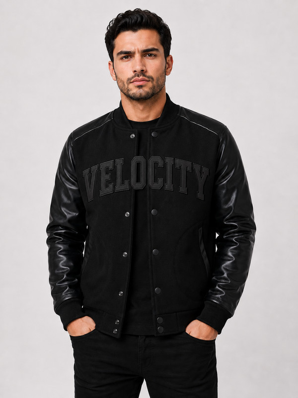 Men's Black Varsity Jacket Letterman Bomber Coat Custom VELOCITY XS-5XL gallery