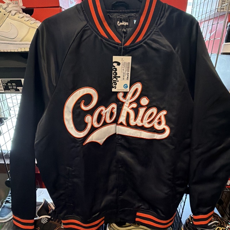 Cookies Varsity Jacket Snap Front Embroidered Logo Dark Blue and Orange Sz L