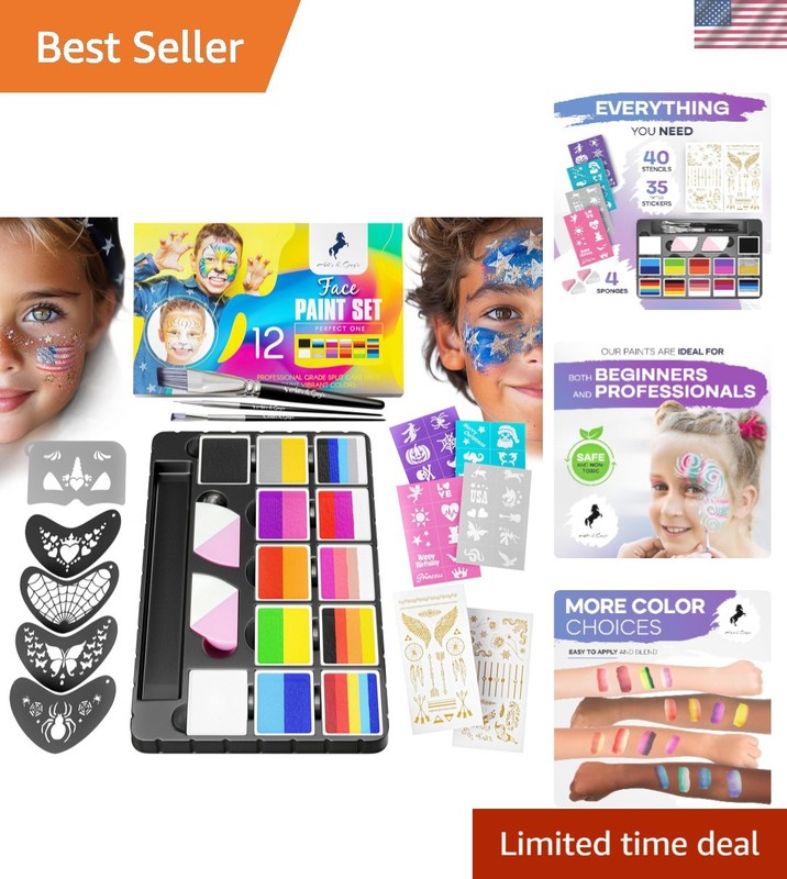 Face Paint Kit for Kids – 12 Vibrant Split Cake Colors, 40 Reusable Stencils,…