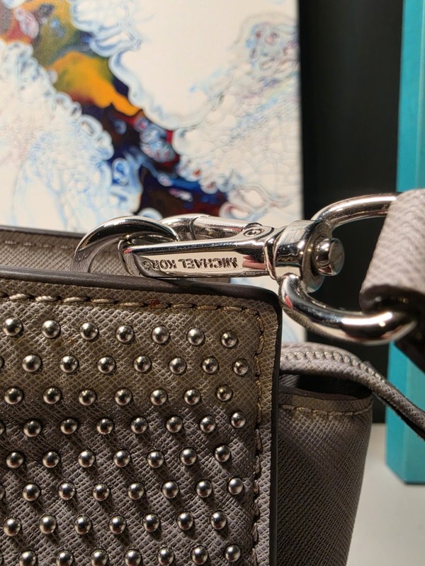 Michael Kors Studded Crossbody Bag Gray Zip Closure Silver Hardware Pockets gallery