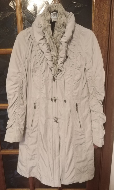 Women’s Quilted Long Coat Overcoat Uk 8 Detachable Faux Fur Collar Light Grey