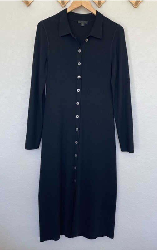 J.CREW Black Ribbed Knit Collared Button-Front Midi Shirt Dress Stretch M