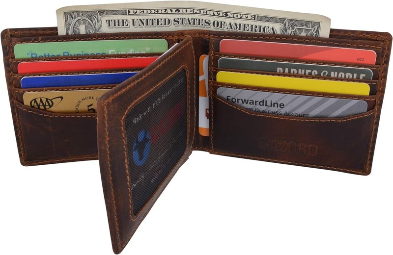 RFID Blocking Brown Vintage Leather Men's Bifold Center Flap Wallet gallery