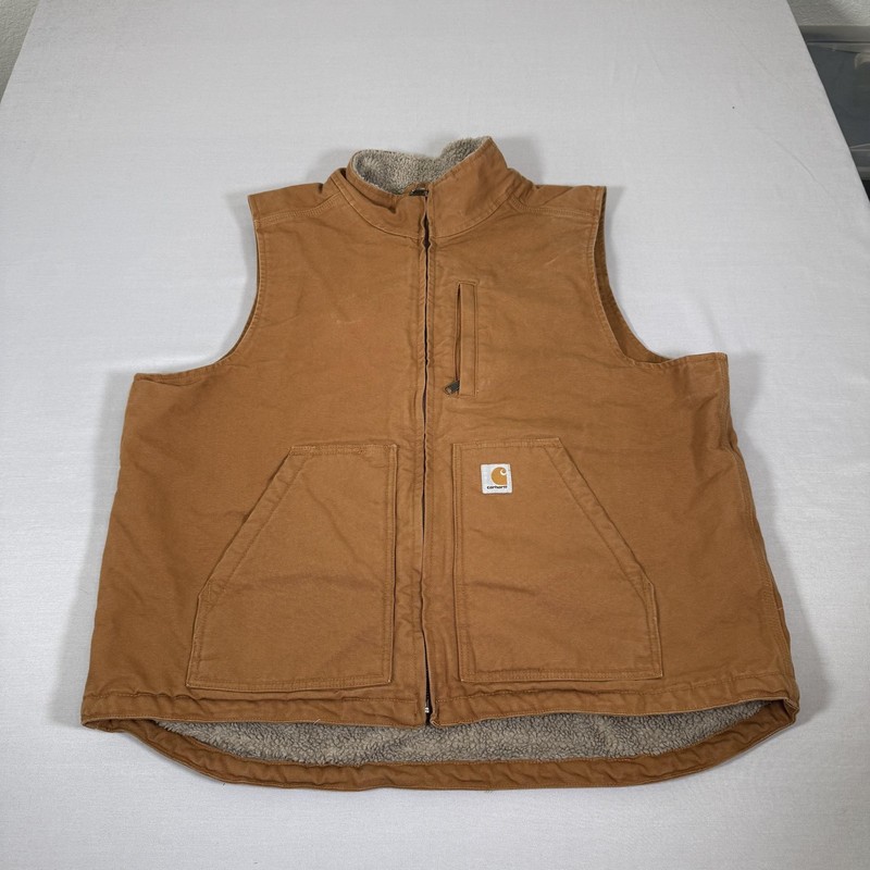 Carhartt Vest Mens XL Brown Canvas Sherpa Lined Zip Up Workwear 104277 BRN