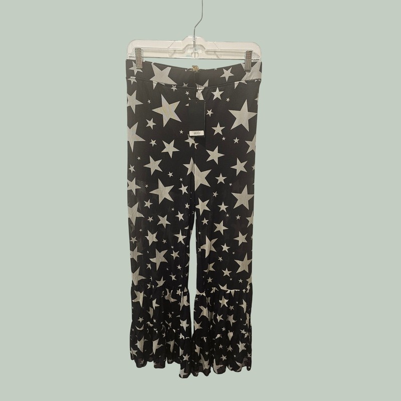 Lucky & Blessed L&B Womens Star Print Mesh Ruffle Bell Bottom Pants Black Medium