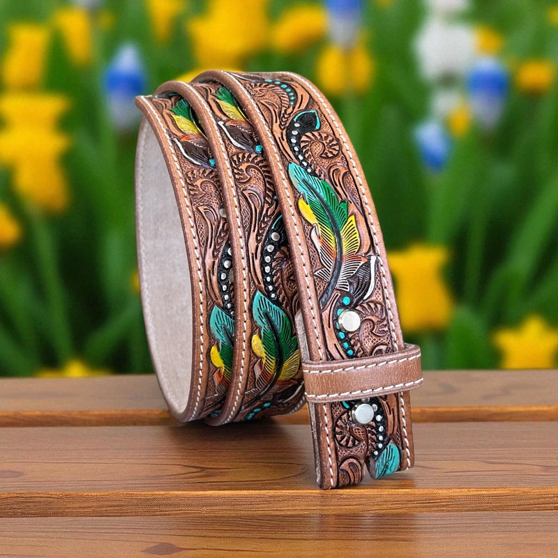 Western Belt Handmade Strap Men's Full Grain Leather No Buckle Cowboy Rodeo Belt gallery