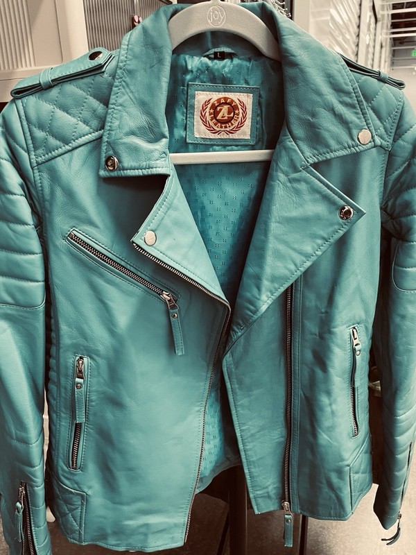 Zafy Lambskin turquoise blue quilted biker jacket Womens L