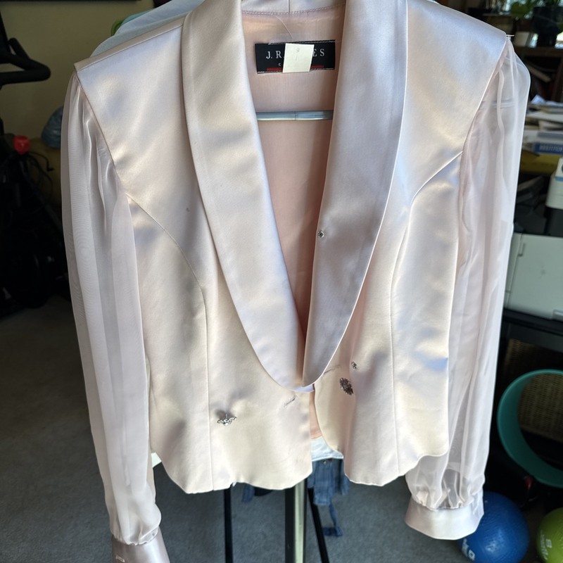 J R Nites Caliendo 2-Piece Jacket Skirt Size 6 Peachy Pink Satin Beaded Sequined