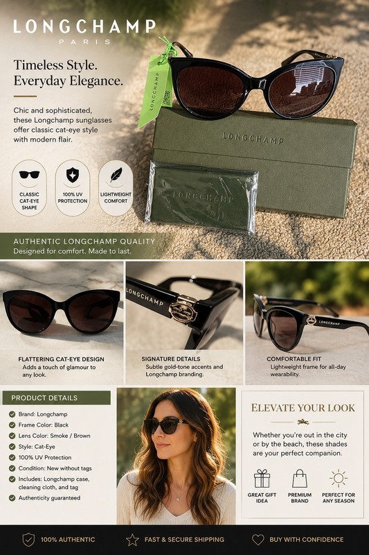 Longchamp Paris Women’s Cat Eye Sunglasses Black Frame Brown Tinted 100% UV