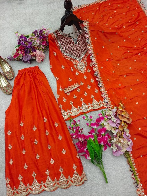 Launching New Orange Chinnon Silk Kurta Palazzo With Dupatta For Women gallery