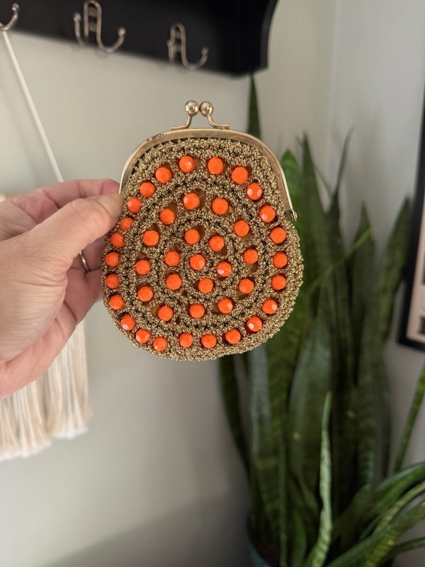 VTG 50s Delill Beaded Crochet Coin Purse Gold Orange MCM Boho Hollywood Regency