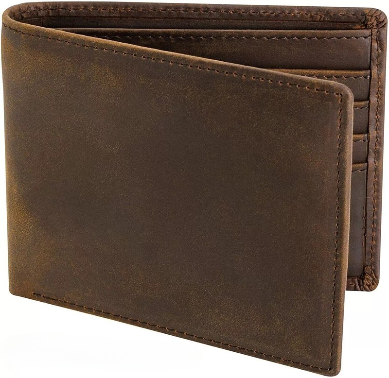 Men RFID Blocking Full Grain Crazy Horse Leather Men’s Bifold Center Flap Wallet