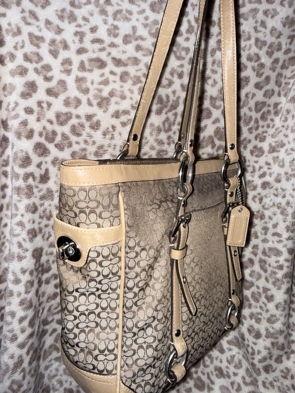 Coach Signature Monogram Zip Tote Shoulder Bag Brown/Beige Silver Charm gallery