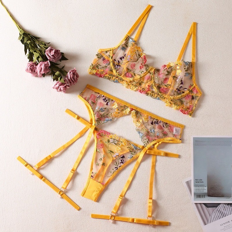 Sexy Floral Embroidered Lace Bra Thong 3-Piece Set Lingerie Sleepwear Underwear gallery