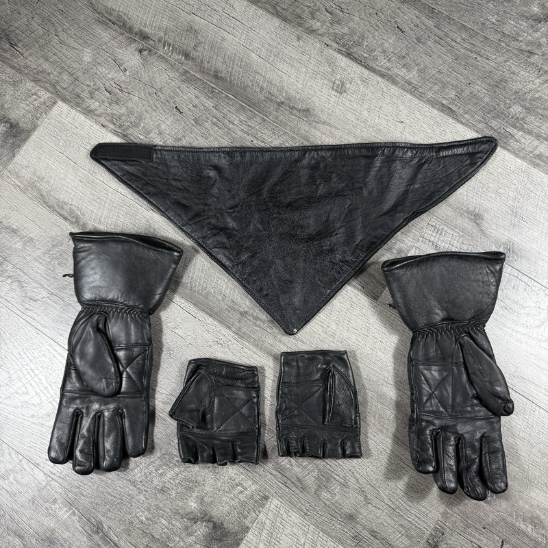 VNTG UNIK Leather Biker Jacket Size 56 W/2 Sets Of Gloves & Leather Bandana gallery