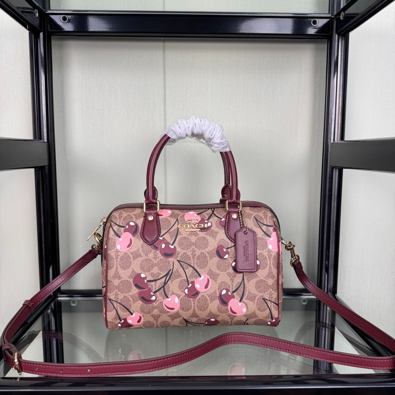 COACH CY692 Rowan Satchel Bag Tan Brown Signature Canvas Cherry Print Outlet New