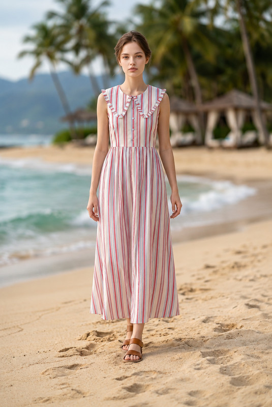 NWT Caroline Constas Striped Cotton Maxi Dress Peter Pan Collar Size S gallery